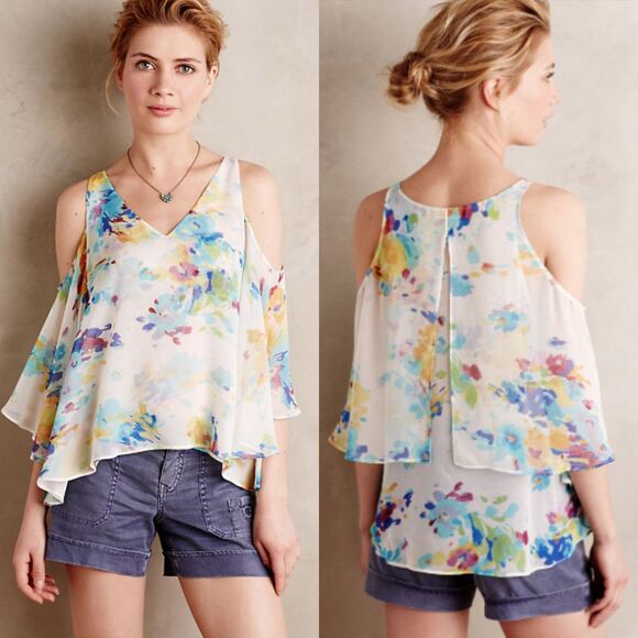 ANTHROPOLOGIE MAEVE White Floral Silk Cold Shoulder Tank Blouse Top Shirt Small - Picture 9 of 10